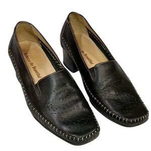 Rebecca The Beautiful Slip On Loafer Block Heel Black Leather Womens‎ 37 Office